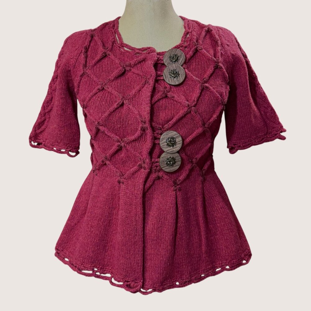 Leifsdottir XS Lisel Cardigan Burgundy‎ Wool Knit Peplum Goblin Viking Valentine